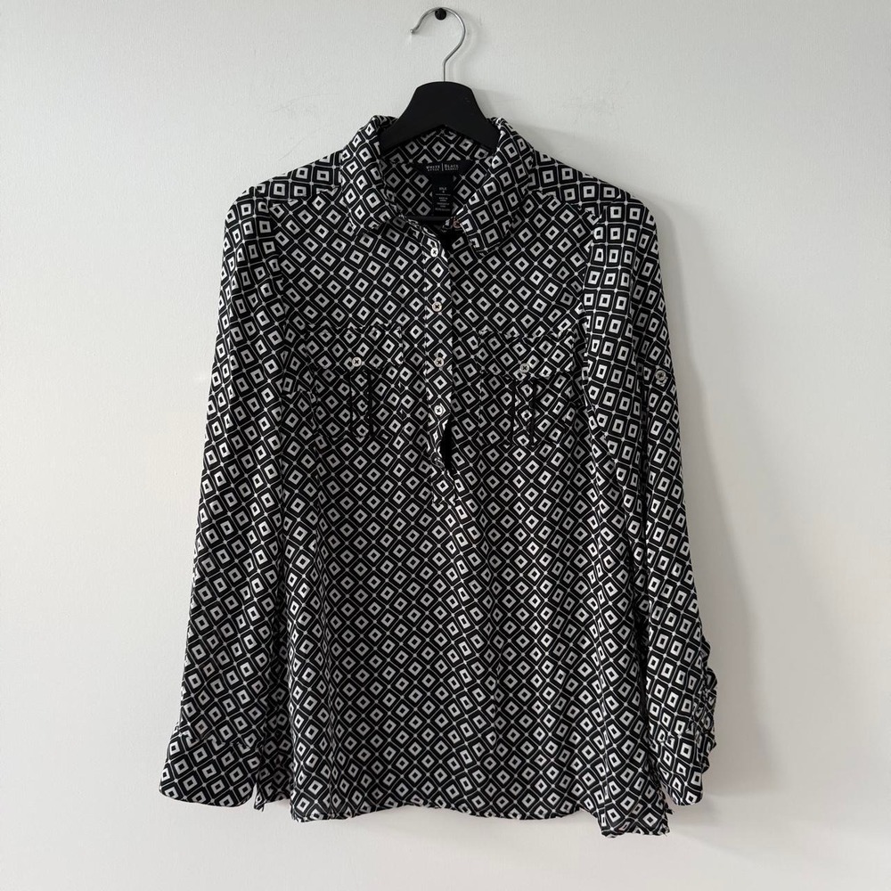 White House Black Market Silk Blouse Top Shirt Womens 4 Black Button Diamond